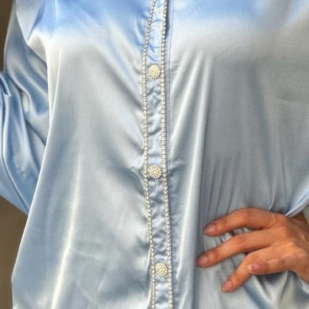 Rhinestone Diamond Lined Button Down Satin Blouse - Picture 3 of 6